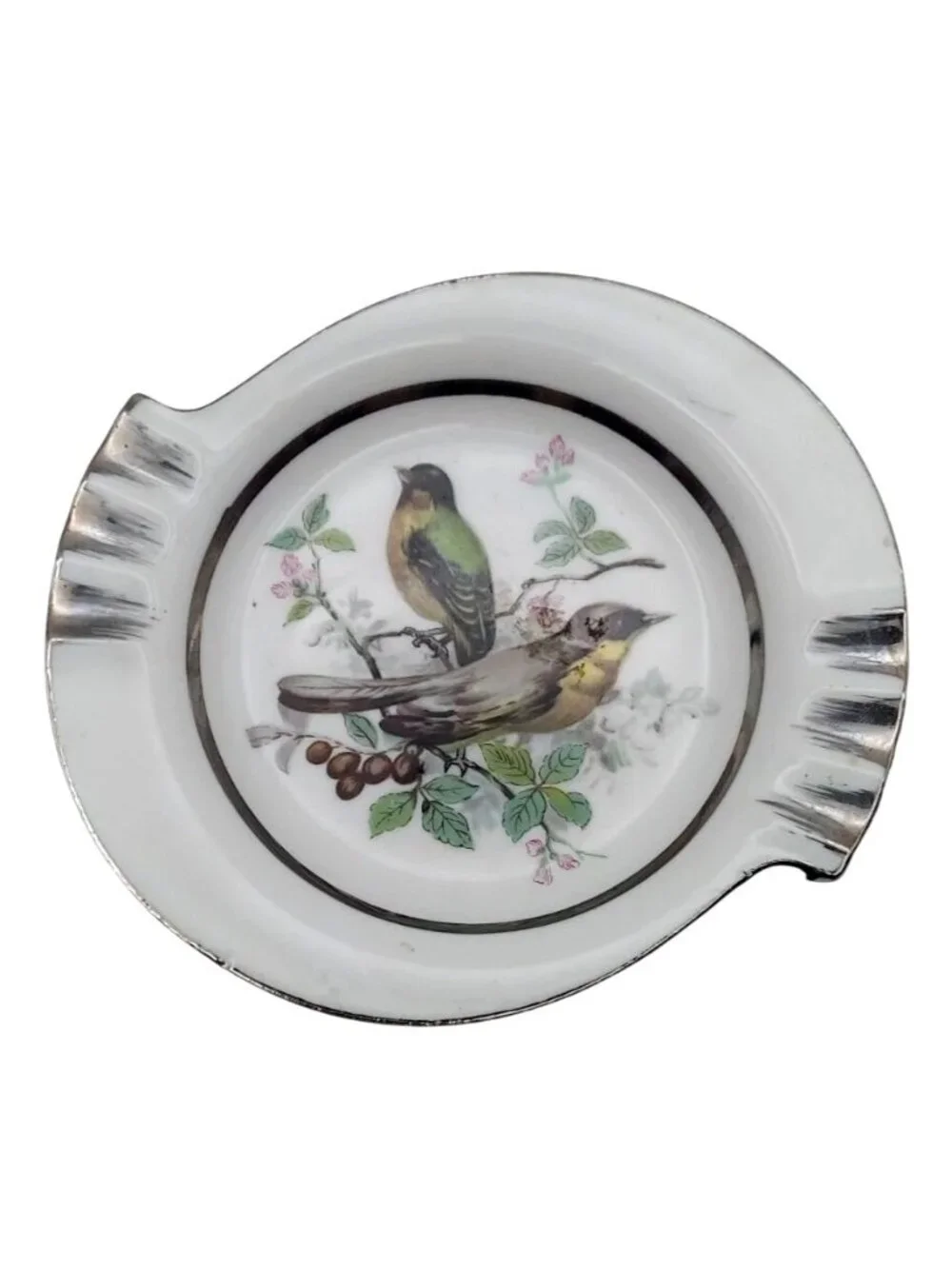 Norleans Porcelain Ashtray With Bird Motif & Silver Trim Japan Vintage MCM